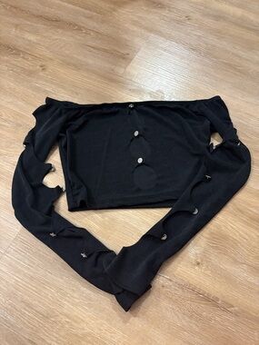 Black Off-Shoulder Long Sleeve Crop Top with Embellished Cutouts